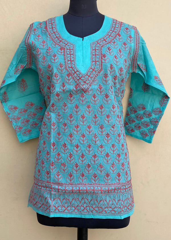 Lucknowi Chikankari Short Kurti Sea Green Cotton