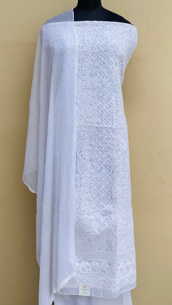 Lucknowi Chikankari Suit Length 3 Piece White Cotton With Jaali Work