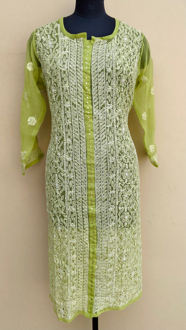 Lucknowi Chikankari Kurti Mehandi Green Georgette With Mukaish Work