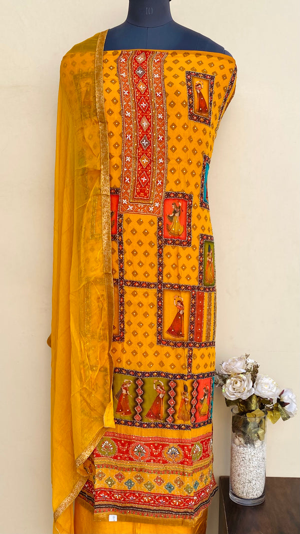 Designer Embroidered Suit Length 3 Piece Mustard Organza With Mirror & Cutdana Work