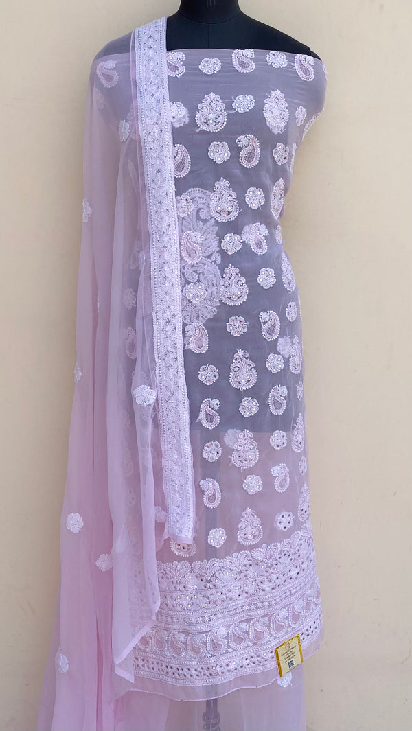 Lucknowi Chikankari Suit Length 3 Piece Pink Georgette With Jaali Work