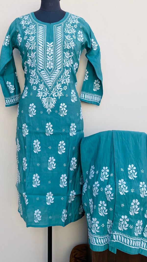 Lucknowi Chikankari Co-ord Set Teal Green Muslin Cotton