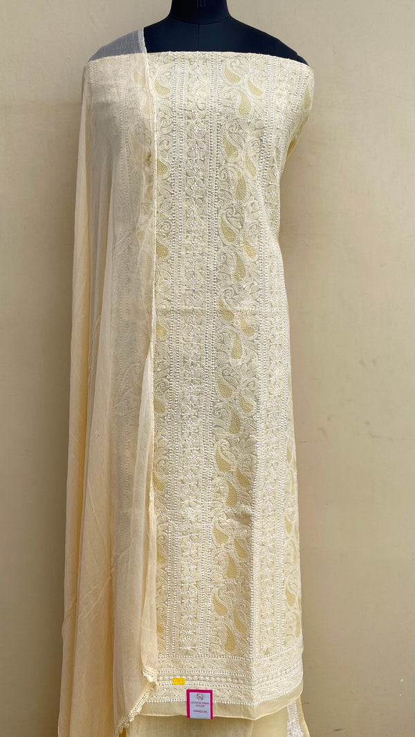 Lucknowi Chikankari Suit Length 3 Piece Beige Cotton With Jaali Work