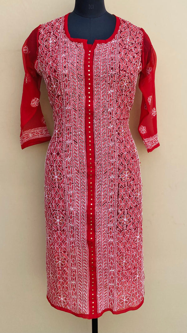 Lucknowi Chikankari Kurti Red Georgette With Mukaish Work