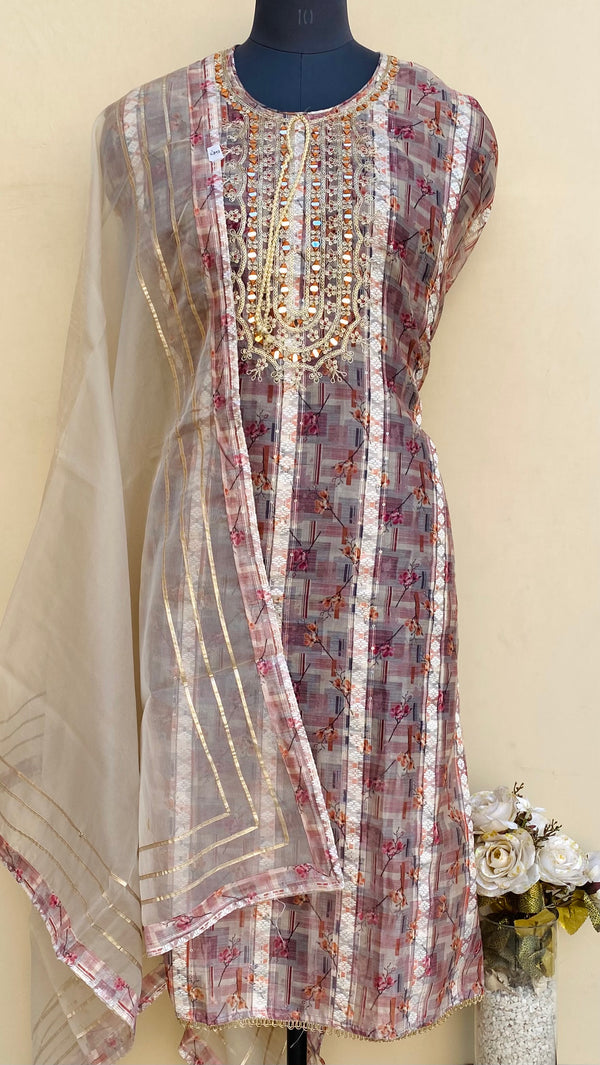 Designer Embroidered Suit Length 3 Piece Multicolour Organza With Mirror Work