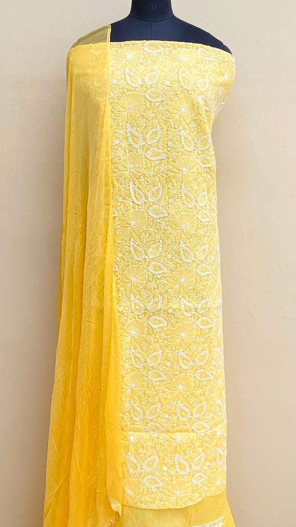 Lucknowi Chikankari Suit Length 3 Piece Yellow Cotton