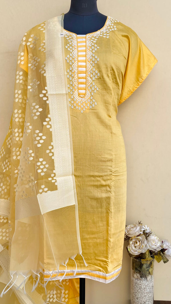 Designer Embroidered Suit Length 3 Piece Yellow Mal Chanderi With Pearl & Sequence Work