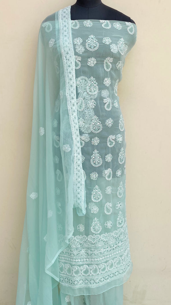 Lucknowi Chikankari Suit Length 3 Piece Sea Green Georgette With Jaali Work