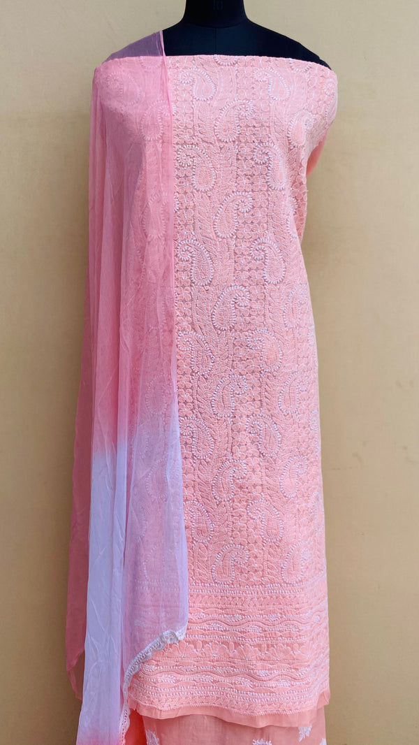 Lucknowi Chikankari Suit Length 3 Piece Peach Cotton