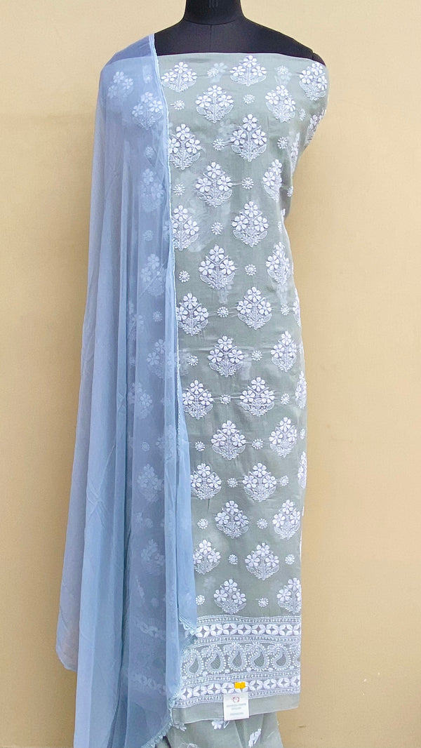 Lucknowi Chikankari Suit Length 3 Piece Gray Cotton With Jaali Work