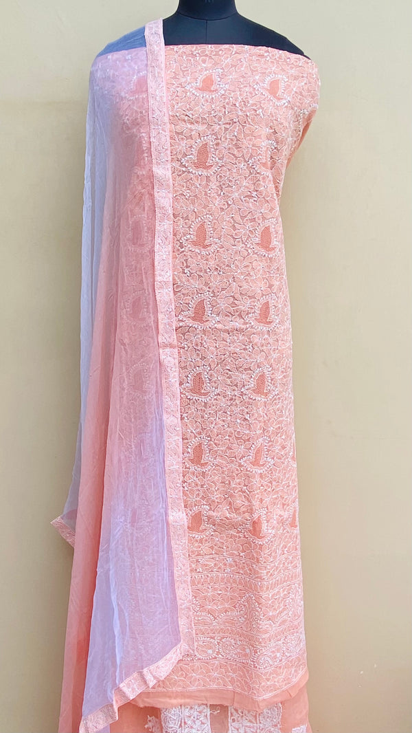 Lucknowi Chikankari Suit Length 3 Piece Peach Cotton With Jaali Work