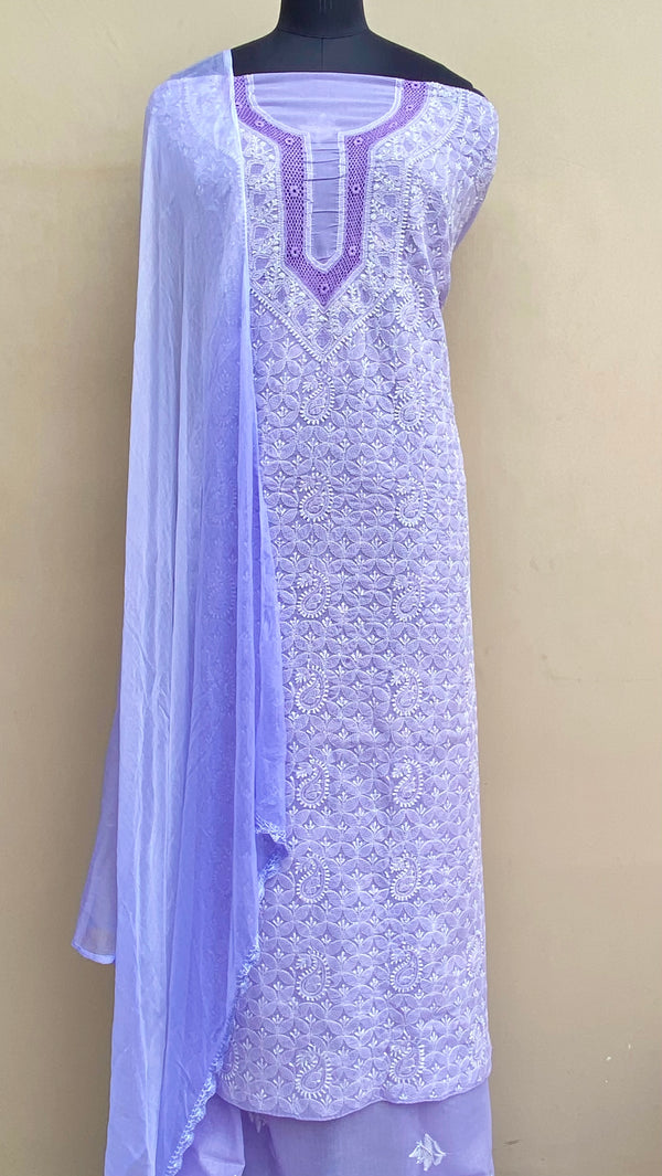 Lucknowi Chikankari Suit Length 3 Piece Purple Cotton With Jaali Work