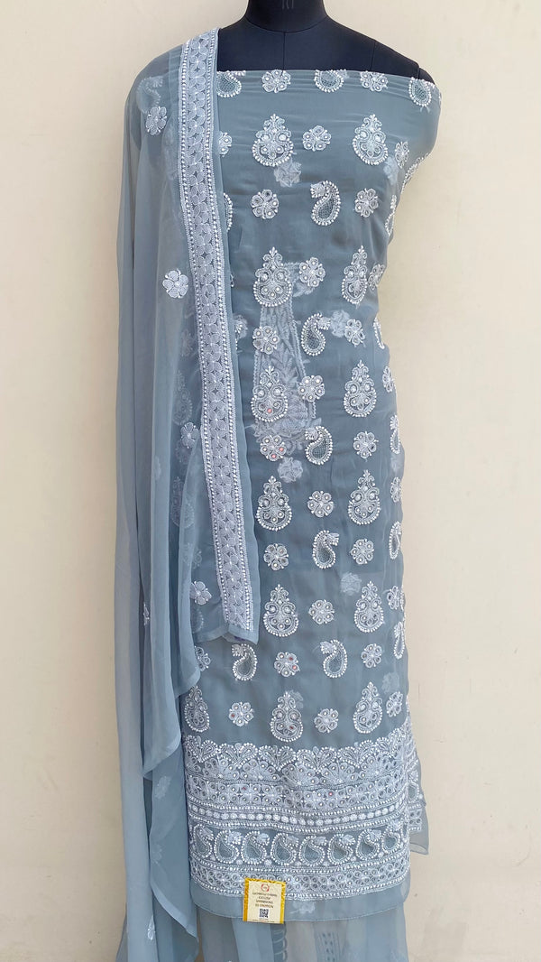 Lucknowi Chikankari Suit Length 3 Piece Gray Georgette With Jaali Work