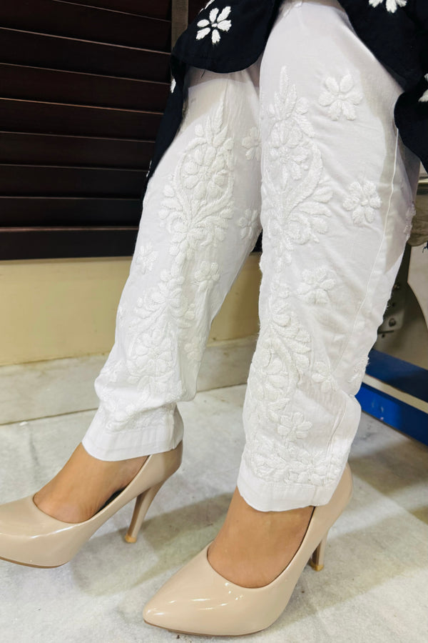 Lucknowi Chikankari Stretchable Hand Embroidered Pant White Soft Cotton