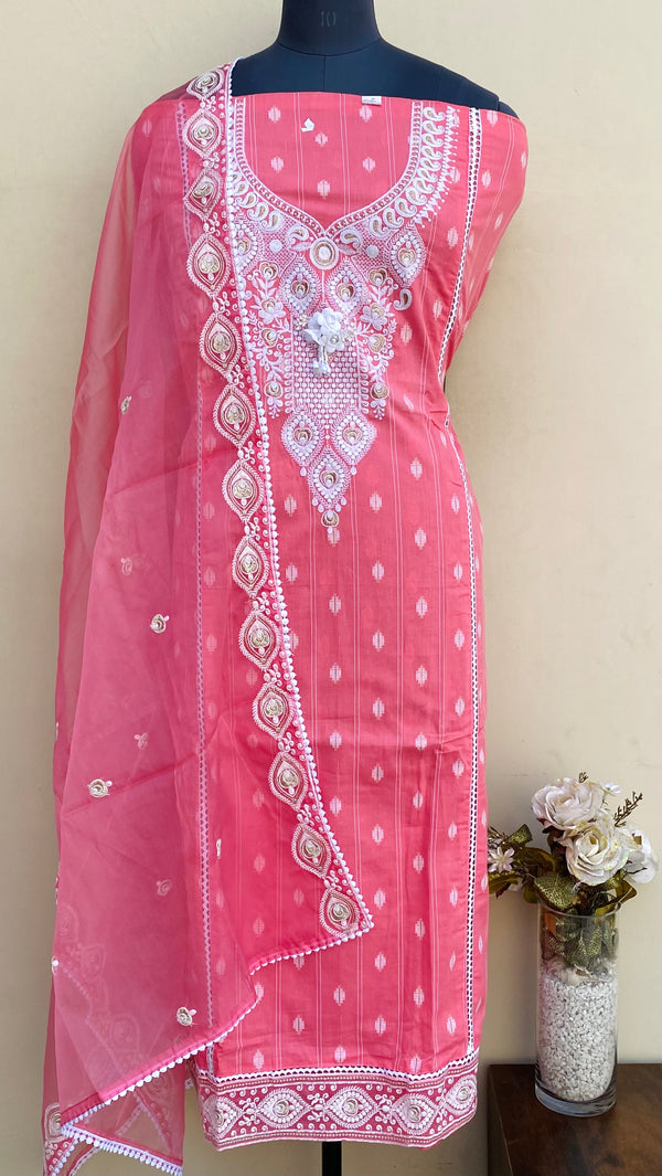 Designer Embroidered Suit Length 3 Piece Pink Mal Cotton