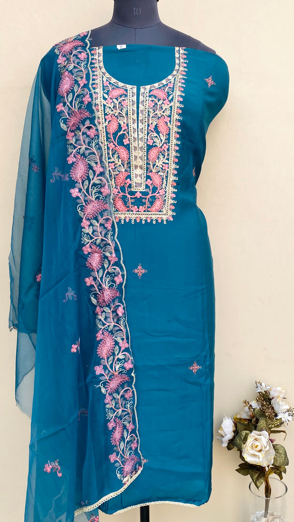 Designer Embroidered Suit Length 3 Piece Blue Muslin Cotton