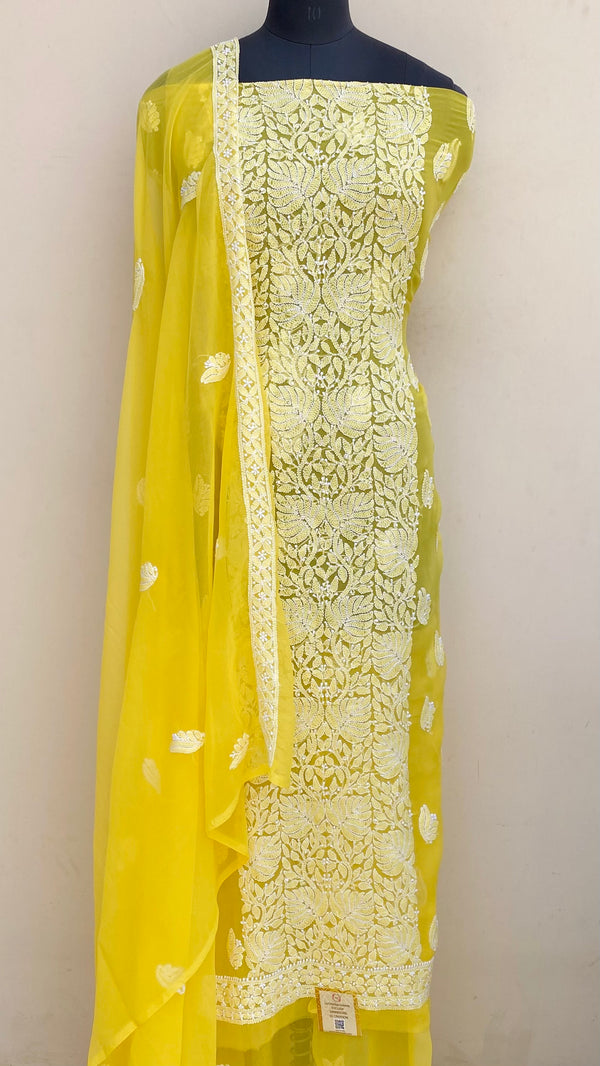 Lucknowi Chikankari Suit Length 3 Piece Yellow Georgette
