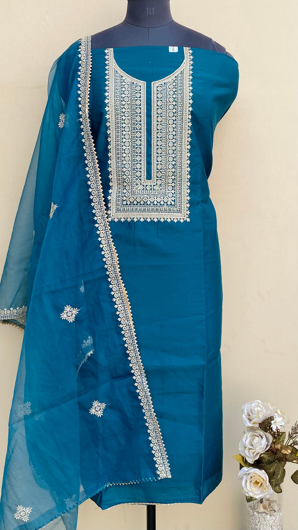 Designer Embroidered Suit Length 3 Piece Blue Muslin Cotton