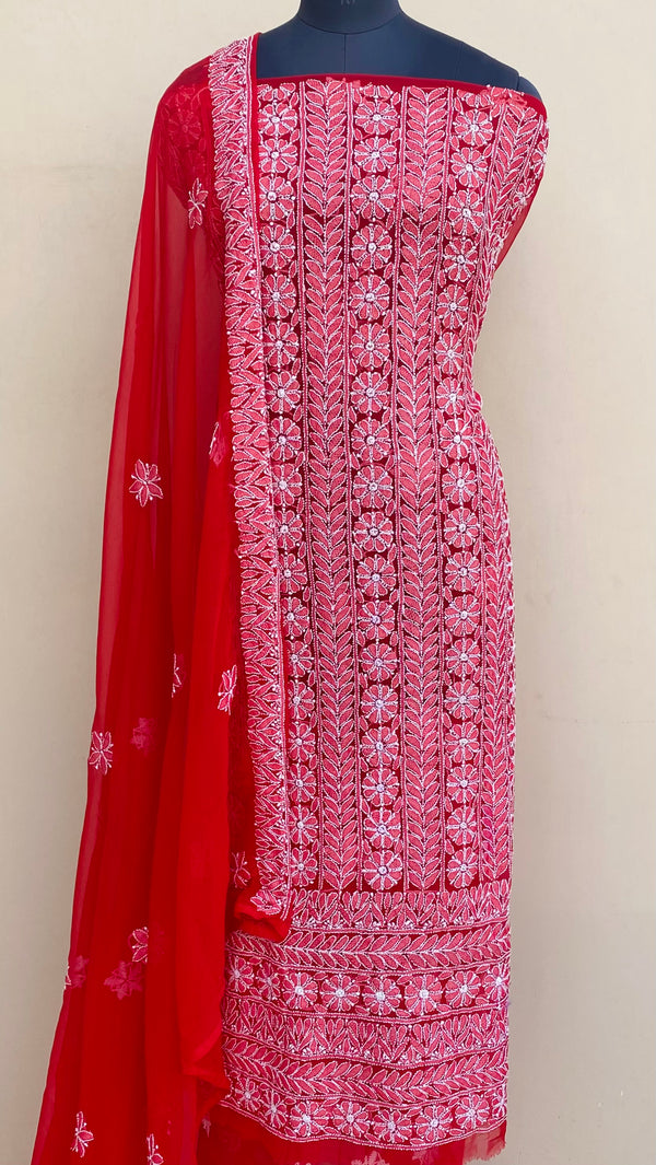 Lucknowi Chikankari Suit Length 3 Piece Red Georgette