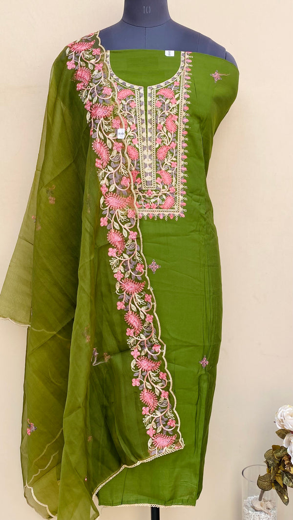 Designer Embroidered Suit Length 3 Piece Mahndi Green Muslin Cotton