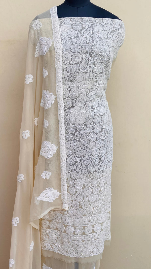 Lucknowi Chikankari Suit Length 3 Piece Beige Georgette