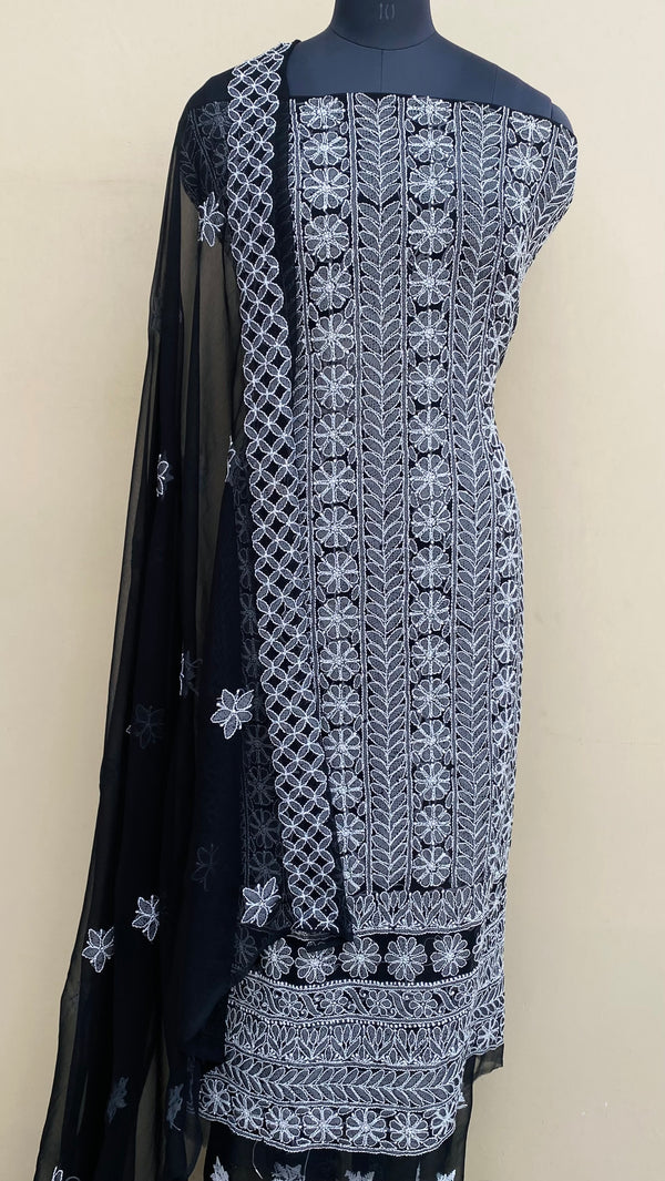 Lucknowi Chikankari Suit Length 3 Piece Black Georgette