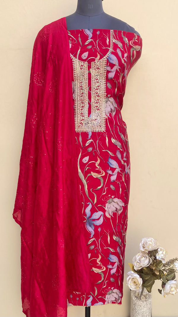 Designer Embroidered Suit Length 3 Piece Red Muslin Cotton