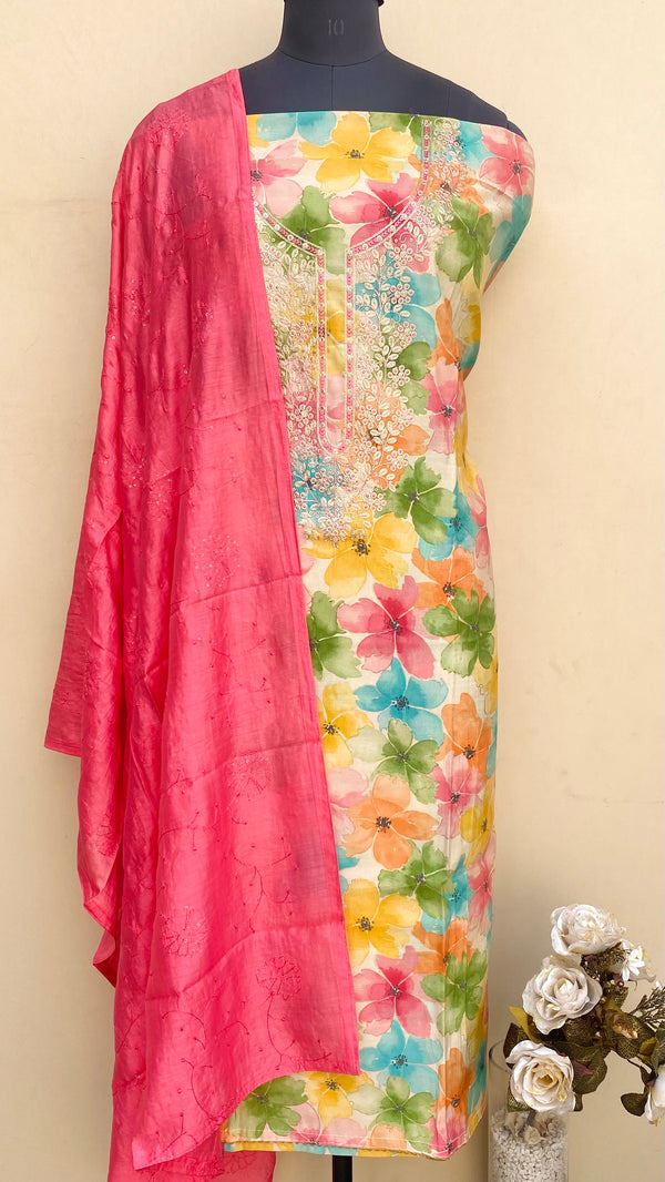 Designer Embroidered Suit Length 3 Piece Multicolour Muslin Cotton