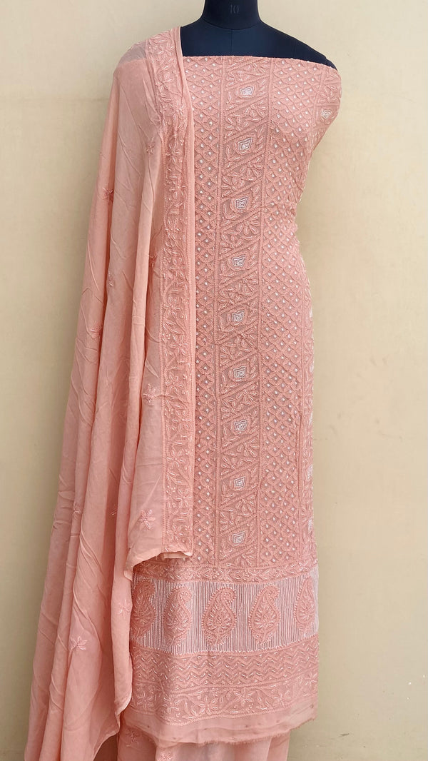 Lucknowi Chikankari Suit Length 2 Peice Rose Pink Pure Georgette with Cutdana Work