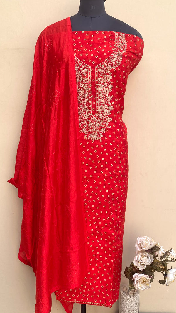 Designer Embroidered Suit Length 3 Piece Red Muslin Cotton