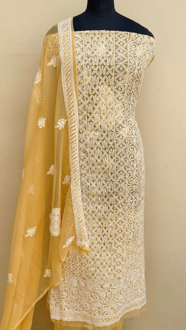 Lucknowi Chikankari Suit Length 3 Piece Beige Georgette