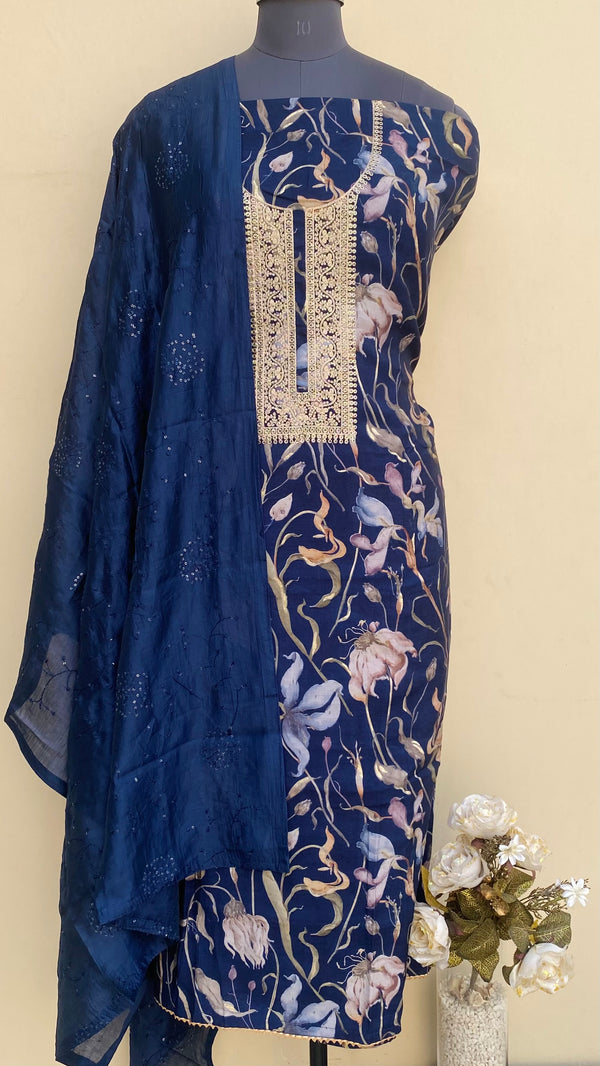 Designer Embroidered Suit Length 3 Piece Navy Blue Muslin Cotton