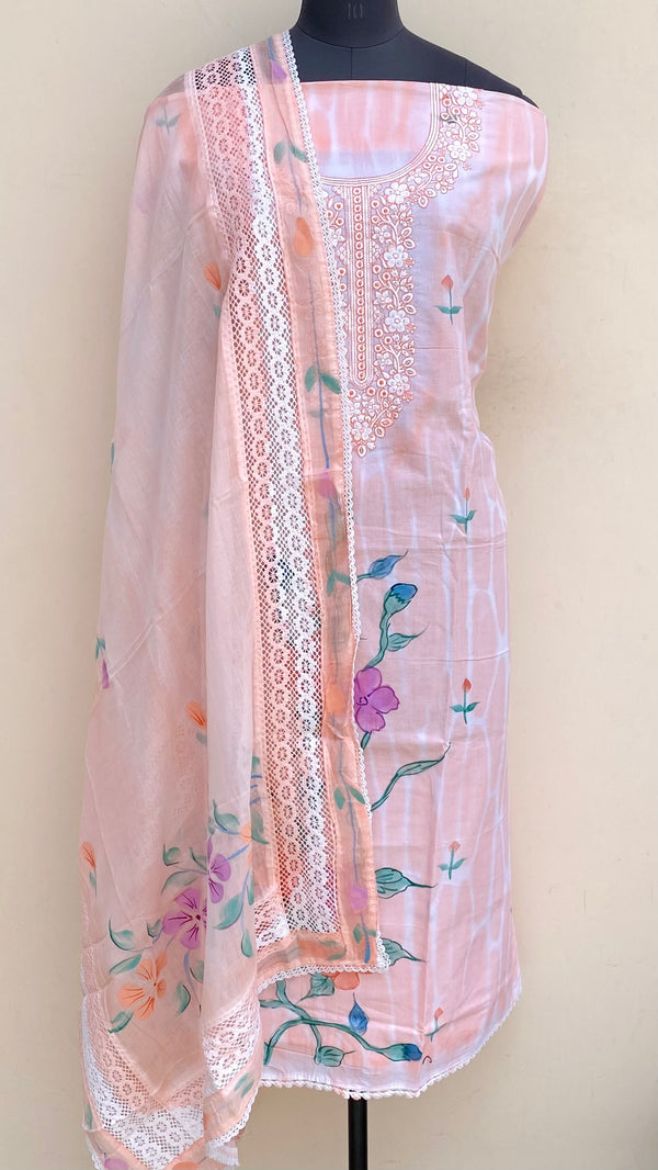 Designer Embroidered Suit Length 3 Piece Peach Mal Cotton With Sequence Work