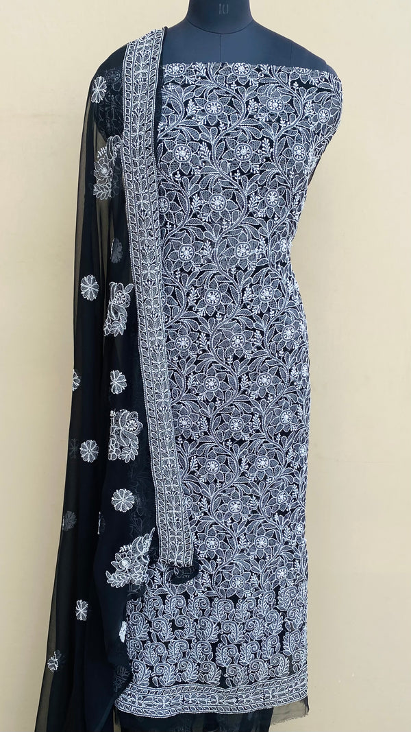 Lucknowi Chikankari Suit Length 3 Piece Black Georgette