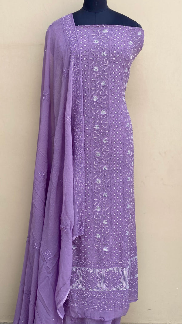 Lucknowi Chikankari Suit Length 2 Piece Purple Pure Georgette With Cutdana Work