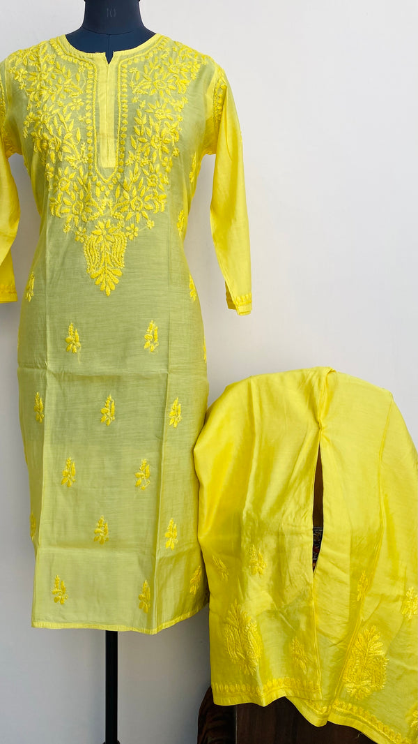 Lucknowi Chikankari Co-ord Set Yellow Mal Chanderi With Self Work