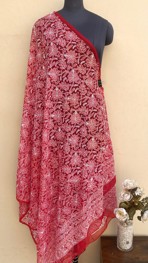 Lucknowi Chikankari Dupatta Red Georgette