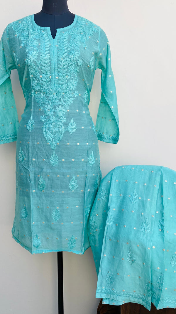 Lucknowi Chikankari Co-ord Set Sea Green Mal Chanderi With Self Work