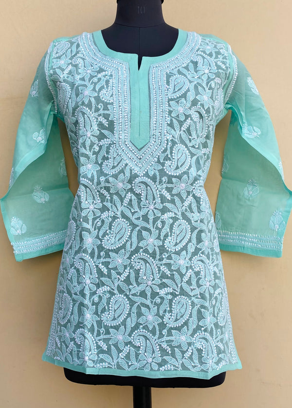 Lucknowi Chikankari Short Kurti Sea Green Cotton