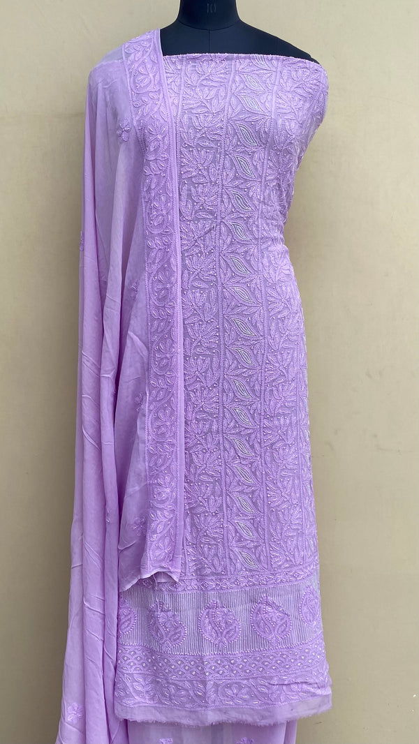 Lucknowi Chikankari Suit Length 2 Piece Purple Pure Georgette With Cutdana Work