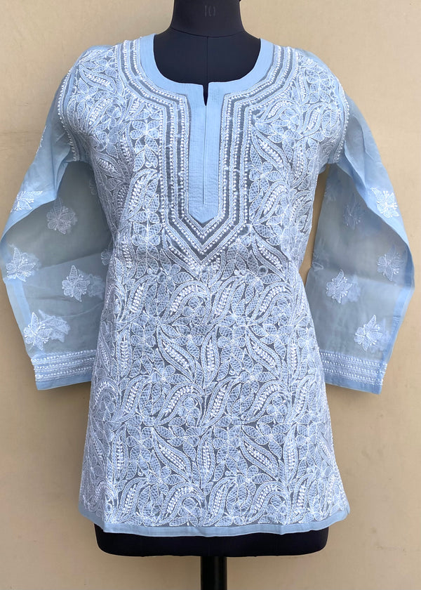 Lucknowi Chikankari Kurti Powder Blue Cotton