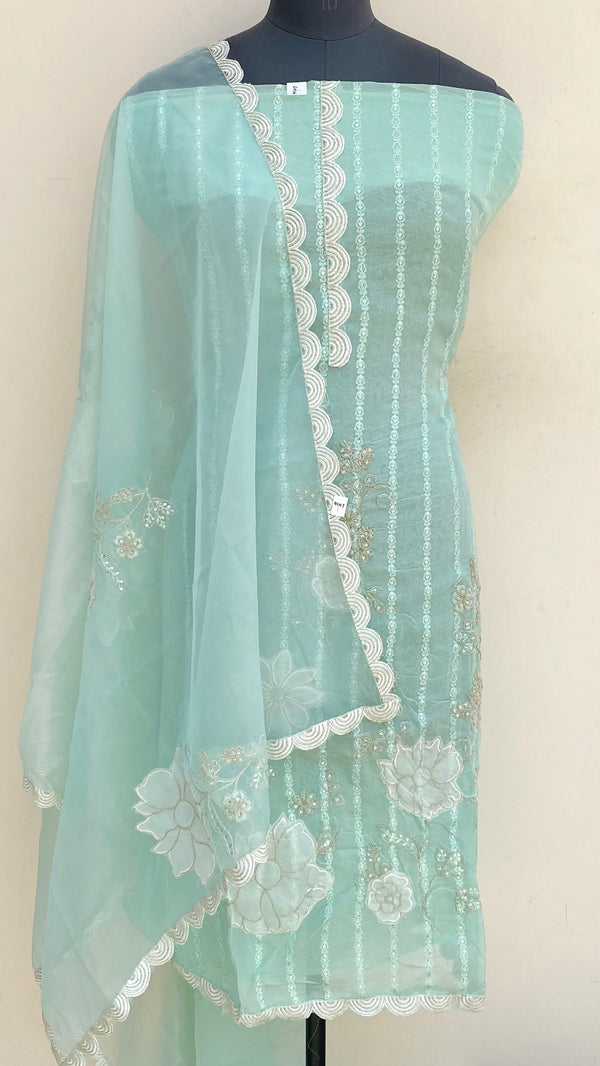 Designer Embroidered Suit Length 3 Piece Sea Green Organza With Sequence Work
