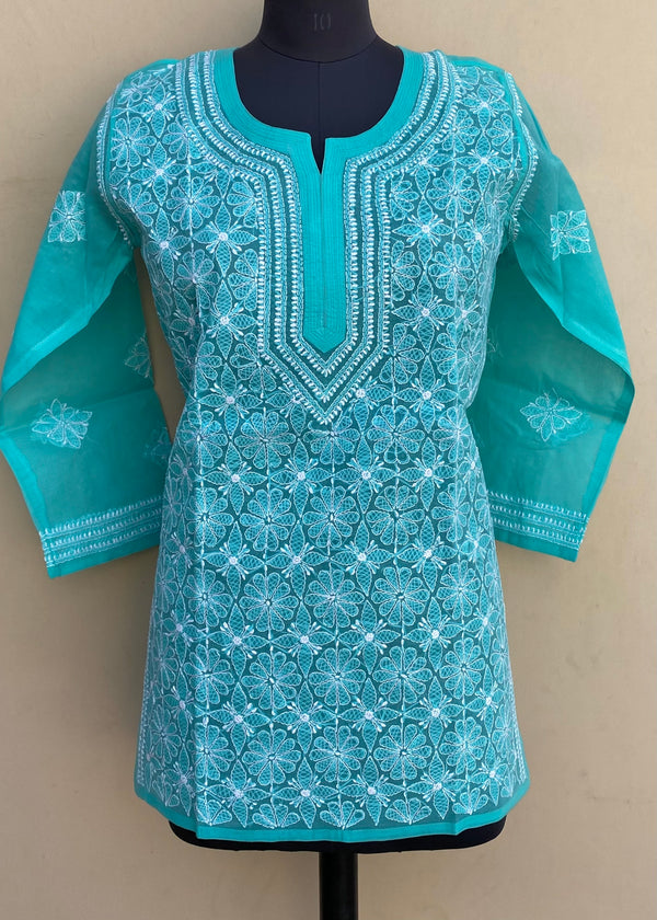 Lucknowi Chikankari Short Kurti Sea Green Cotton