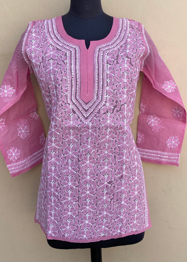 Lucknowi Chikankari Short Kurti Pink Cotton