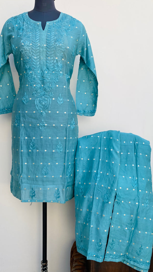 Lucknowi Chikankari Co-ord Set Sea Green Mal Chanderi With Self Work