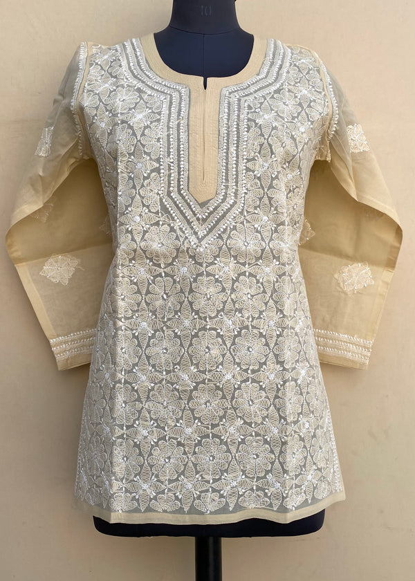 Lucknowi Chikankari Short Kurti Beige Cotton