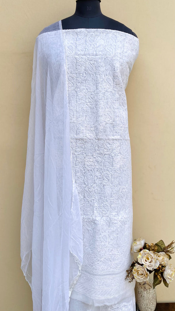 Lucknowi Chikankari Suit Length 3 Piece White Cotton