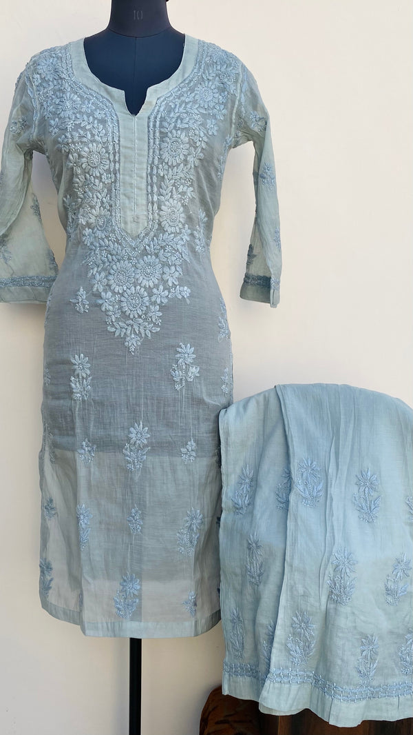 Lucknowi Chikankari Co-ord Set Gray Mal Chanderi With Self Work