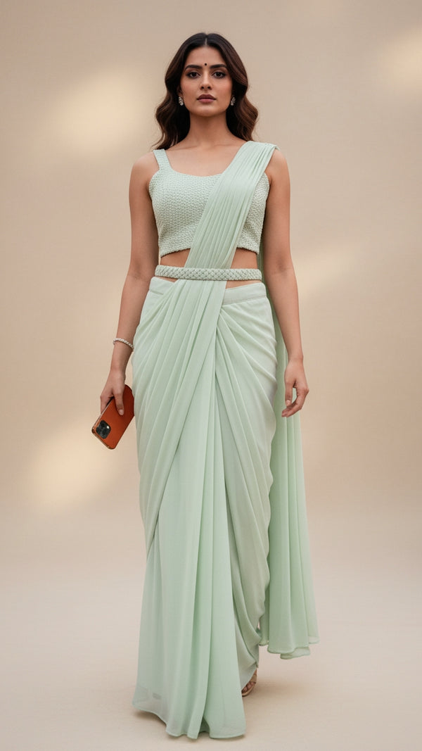 Mint Green Pre-Draped Georgette Saree Set