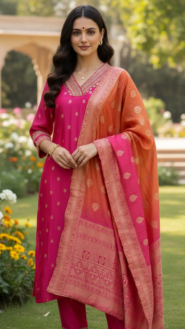 Rani Radiance Pink Banarasi Kurta Pant Suit Set